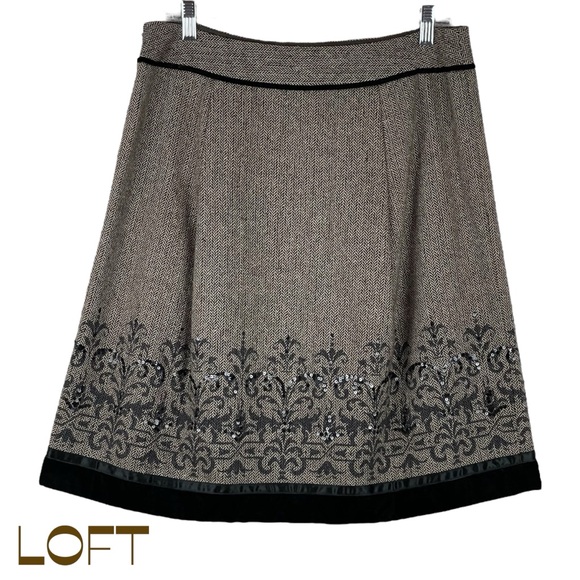 LOFT Brown Tan Tweed Sequin Velvet Wool Blend Cottage Fairy Skirt Size 10P - Picture 1 of 10